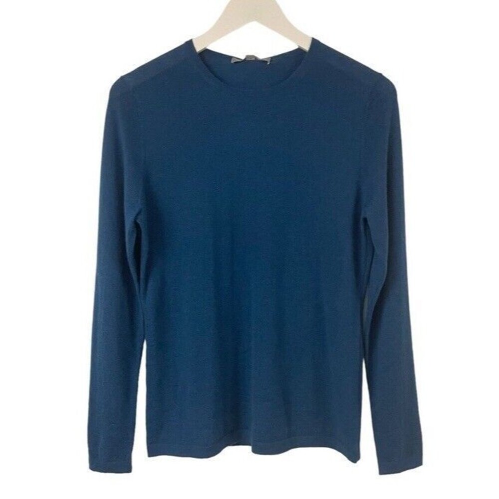 Neiman Marcus Blue Cashmere Long Sleeve Crewneck Top Coastal Lightweight Medium